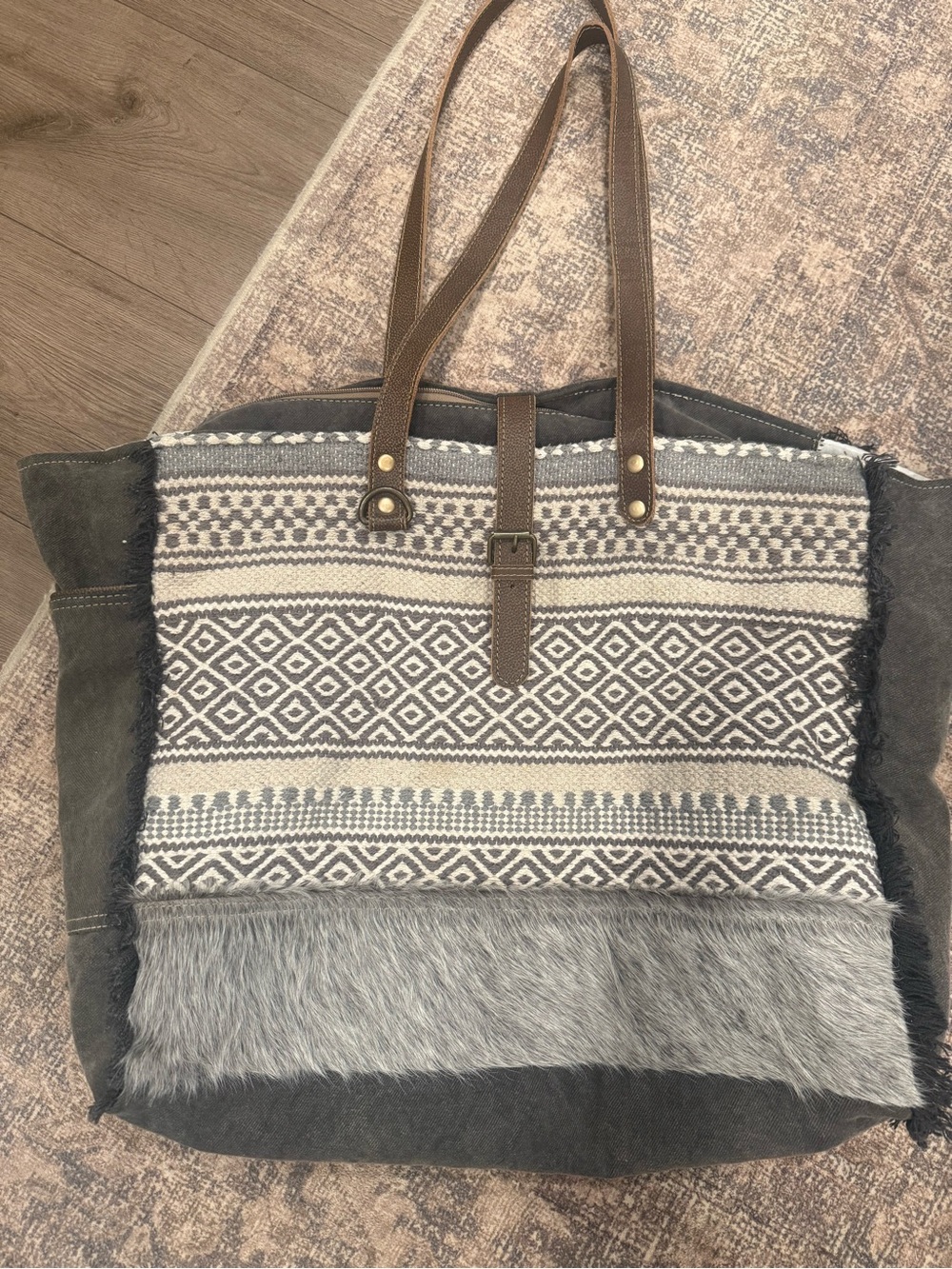 Myra Bag Gray Patterned Tote with Faux Fur Accent and Brown Straps